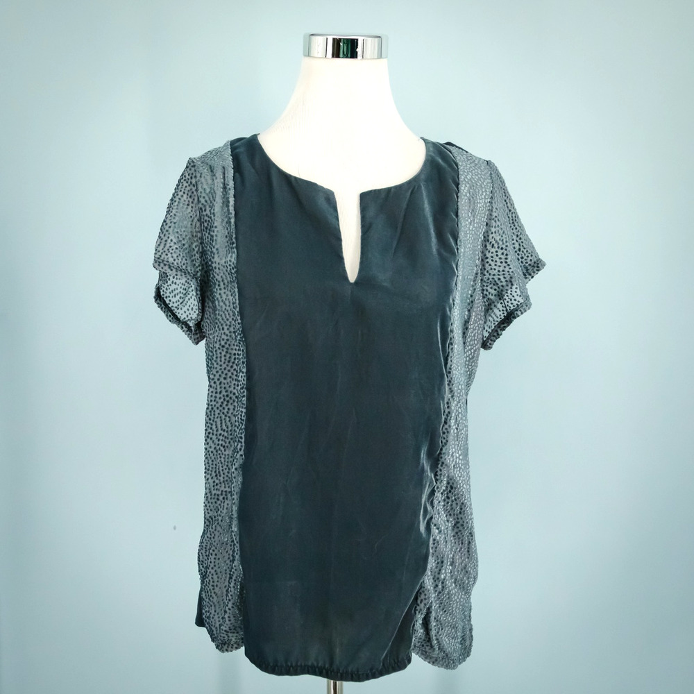 Dolan Anthropologie Size XL Gray Blue Split V Neck Short Sleeve Velvet Dot Top